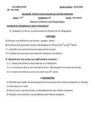 Première page de Histoire-Géographie 5e — 2e production scolaire, 2e semestre (2019-2020) · CEG Igbo-ocho