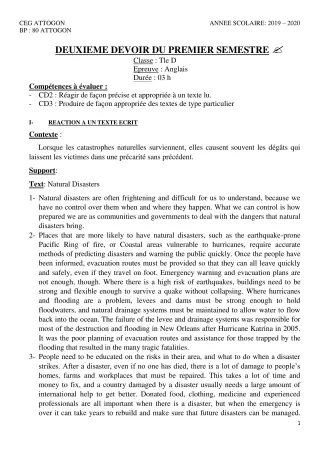 Première page de Anglais Tle D — 2e devoir surveillé, 1er semestre (2019-2020) · CEG Attogon