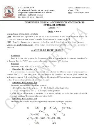 Première page de PCT 1ère C — Devoir surveillé, 1er semestre (2020-2021) · CEG Sainte Rita
