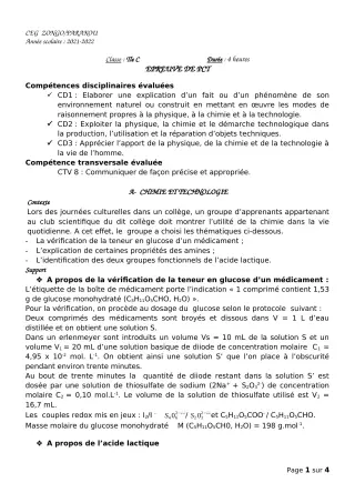Première page de Devoir surveillé de PCT — Tle C — CEG ZONGO (2021)