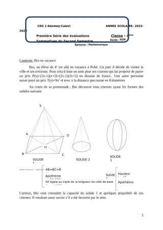 Première page de Mathématiques 4e — 1re évaluation sommative, 2e semestre (2022-2023) · CEG2 ABOMEY - CALAVI (CEG ZOCA)