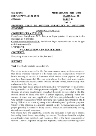Première page de Anglais 1ère C, 1ère D — 1er devoir surveillé, 2e semestre (2019-2020) · CEG du Lac