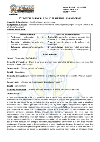 Première page de Philosophie Tle A, Tle B — 2e devoir surveillé, 1er trimestre (2019-2020) · CPEG LE PHARAON
