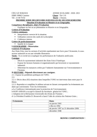 Première page de Histoire-Géographie Tle C, Tle D — Devoir surveillé, 2e semestre (2020-2021) · CEG LE NOKOUE