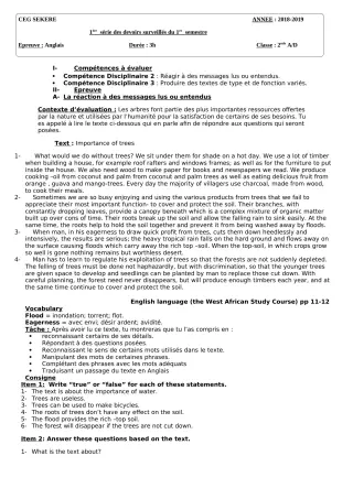 Première page de Anglais 2nde A2, 2nde D — 1er devoir surveillé, 1er semestre (2018-2019) · CEG SEKERE