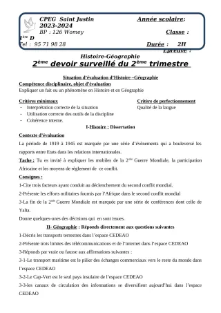 Première page de Histoire-Géographie 5e, 1ère A2, 1ère B, 1ère C, 1ère D — Devoir surveillé, 2e trimestre (2023-2024) · CPEG SAINT Justin