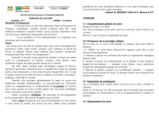 Première page de Français 4e — 2e devoir surveillé, 1er semestre (2022-2023) · CEG SEKERE