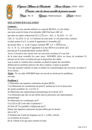 Première page de Mathématiques Tle D — 1er devoir surveillé, 1er semestre (2020-2021) · PMB