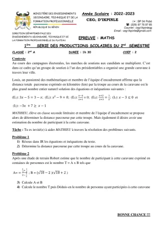 Première page de Mathématiques 2nde A — Production scolaire, 2e semestre (2022-2023) · CEG1 Ikpinlè