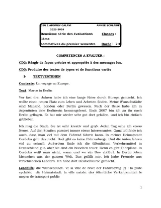 Première page de Allemand 3e — 2e évaluation sommative, 1er semestre (2023-2024) · CEG2 ABOMEY - CALAVI (CEG ZOCA)
