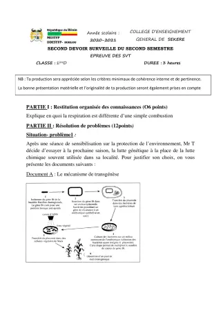 Première page de SVT 1ère D — 2e devoir surveillé, 2e semestre (2020-2021) · CEG SEKERE