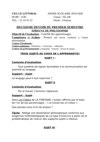 Première page de Philosophie 2nde A, 2nde A & B, 2nde A1, 2nde A2, 2nde C, 2nde D, 1ère A1, 1ère A2, 1ère B, 1ère C, 1ère D, Tle A2, Tle B, Tle C, Tle D — 2e devoir surveillé, 1er semestre (2019-2020) · CEG Le Littora