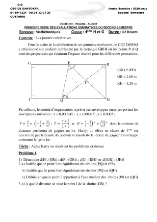 Première page de Mathématiques 4e ML — 1re évaluation sommative, 2e semestre (2020-2021) · CEG Dantokpa