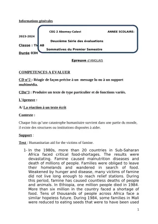 Première page de Anglais Tle B — 2e évaluation sommative, 1er semestre (2023-2024) · CEG2 ABOMEY - CALAVI (CEG ZOCA)