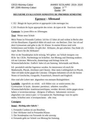 Première page de Allemand 4e ML, 3e ML — 1er semestre (2019-2020) · CEG3 ABOMEY CALAVI