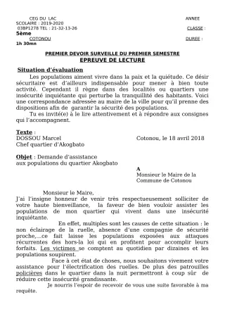Première page de Français 5e — 1er devoir surveillé, 1er semestre (2019-2020) · CEG du Lac