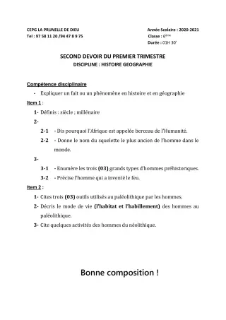 Première page de Histoire-Géographie 6e, 5e, 4e, 3e, 3e ML, 2nde A1, 2nde B, 2nde D — Composition, 1er trimestre (2020-2021) · CEPG La Prunelle de Dieu