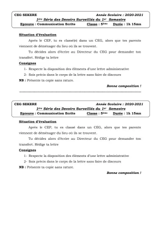 Première page de Français 5e — 1er devoir surveillé, 1er semestre (2020-2021) · CEG SEKERE