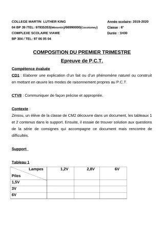 Première page de PCT 6e — Composition, 1er trimestre (2019-2020) · CPEG Martin Luther King Cotonou