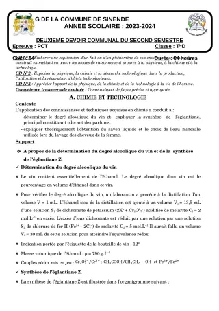 Première page de PCT Tle D — 2e devoir surveillé, 2e semestre (2023-2024) · CEG SEKERE