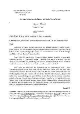Première page de Allemand 2nde A1, 2nde A2, 2nde B — 2e devoir surveillé, 2e semestre (2019-2020) · CEG Kouhounou-Vêdoko