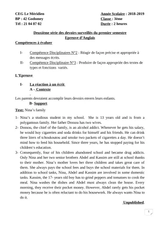 Première page de Anglais 3e, 3e ML — 2e devoir surveillé, 1er semestre (2018-2019) · CEG Le Méridien