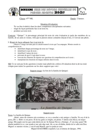 Première page de Espagnol 4e ML — 2e devoir surveillé, 1er semestre (2018-2019) · CEG1 Covè