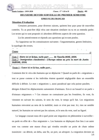 Première page de Français 1ère B — 2e devoir surveillé, 1er semestre (2019-2020) · CEG ADJOVICODJI 'LES OLIVIERS'