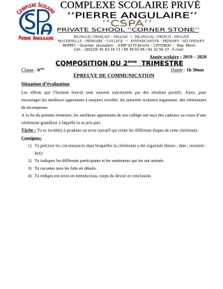 Première page de Français 6e — Composition, 1er trimestre (2019-2020) · CPEG PIERRE ANGULAIRE
