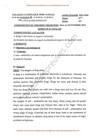 Première page de Anglais 3ème – Composition du 1er trimestre 2025-2026 – Compréhension et production écrite sur les dangers de la drogue – Collège Catholique Père Aupiais