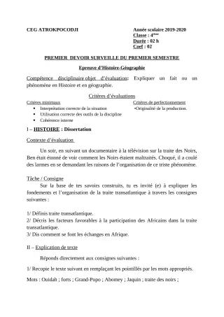 Première page de Histoire-Géographie 4e, 4e ML — 1er devoir surveillé, 1er semestre (2019-2020) · CEG ATROKPOCODJI
