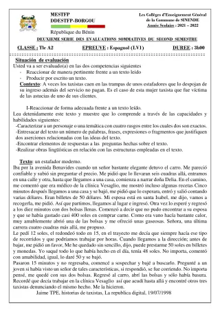 Première page de Espagnol Tle A2 — 2e évaluation sommative, 2e semestre (2021-2022) · CEG SEKERE