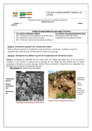 Première page de SVT 4e — 1er devoir surveillé, 1er semestre (2022-2023) · CEG SEKERE