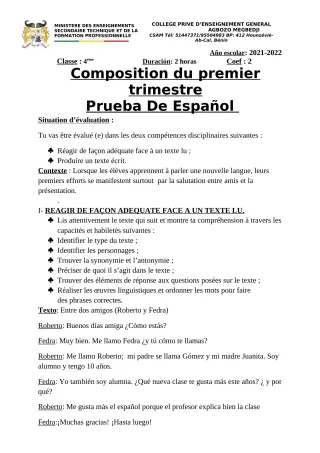 Première page de Espagnol 4e, 3e ML, 2nde A2, 2nde B, 1ère A2, 1ère B, Tle A2, Tle B — 2e composition, 1er trimestre (2021-2022) · CPEG AGBOZO MEGBEDJI