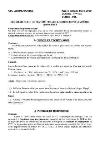 Première page de PCT 4e — 2e devoir surveillé, 2e semestre (2019-2020) · CEG ATROKPOCODJI