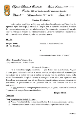 Première page de Français 5e — 1er devoir surveillé, 1er semestre (2020-2021) · PMB