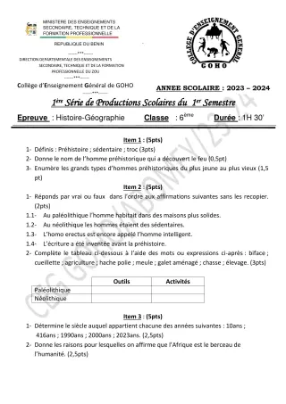 Première page de Histoire-Géographie 6e — 1re production scolaire, 1er semestre (2023-2024) · CEG GOHO