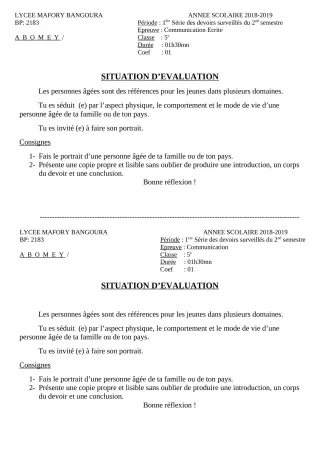Première page de Français 6e, 4e, 4e ML, 4e ML&MC, 3e, 3e ML, 1ère D — 1er devoir surveillé, 2e semestre (2018-2019) · Lycée Houegbadja d'Abomey (Ex Mafory Bangoura)