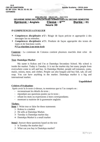 Première page de Anglais 6e, 5e, 4e ML&MC, 3e, 3e ML, 2nde A & B, 2nde B, 2nde C, 2nde D, 1ère A2, 1ère B, 1ère C, 1ère D, Tle A1, Tle A2, Tle B, Tle C, Tle D — 2e évaluation sommative, 2e semestre (2019-2020) · CEG D