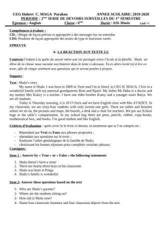 Première page de Anglais 6e — 2e devoir surveillé, 1er semestre (2019-2020) · CEG Hubert C. MAGA
