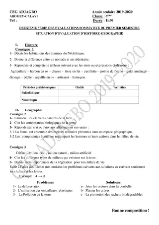Première page de Histoire-Géographie 6e, 5e, 4e, 4e ML, 3e, 3e ML — 2e évaluation sommative, 1er semestre (2019-2020) · CEG ADJAGBO