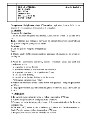 Première page de Histoire-Géographie 6e — Production scolaire (2019-2020) · CEG Le Littoral