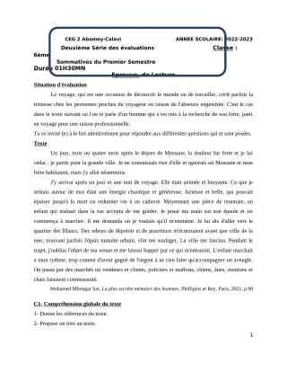 Première page de Français 6e — 2e évaluation sommative, 1er semestre (2022-2023) · CEG2 ABOMEY - CALAVI (CEG ZOCA)