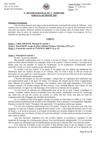 Première page de Français 1ère A1, 1ère A2, 1ère B, 1ère C, 1ère D — 1er devoir surveillé, 1er semestre (2023-2024) · CEG Yagbe