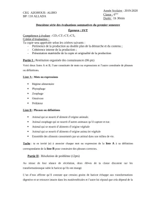 Première page de SVT 6e — 2e évaluation sommative, 1er semestre (2019-2020) · CEG AZOHOUE-ALIHO