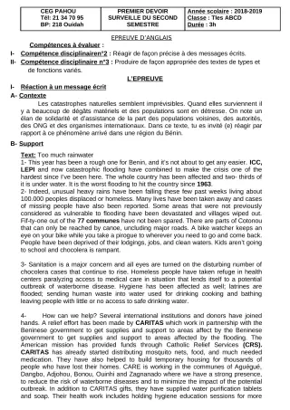 Première page de Anglais Tle A1, Tle A2, Tle B, Tle C, Tle D — 1er devoir surveillé, 2e semestre (2018-2019) · CEG PAHOU