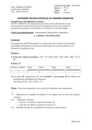 Première page de PCT 4e — 2e devoir surveillé, 1er semestre (2019-2020) · CEG ZOGBO