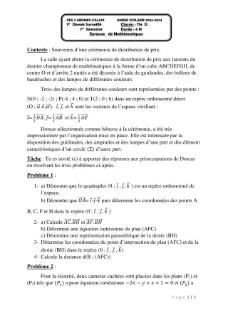 Première page de Mathématiques Tle D — 1er devoir surveillé, 1er semestre (2023-2024) · CEG2 ABOMEY - CALAVI (CEG ZOCA)