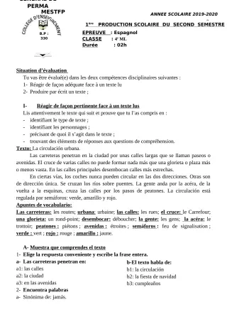 Première page de Espagnol 4e ML, 3e ML, 2nde A, 1ère A, Tle A — 3e production scolaire, 2e semestre (2019-2020) · CEG Perma