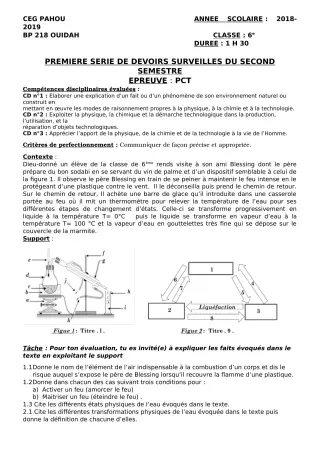 Première page de PCT 6e — 1er devoir surveillé, 2e semestre (2018-2019) · CEG PAHOU